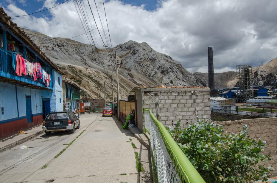 The smokestack of the metallurgical complex in La Oroya, Peru, seen from a street in the Andean city.