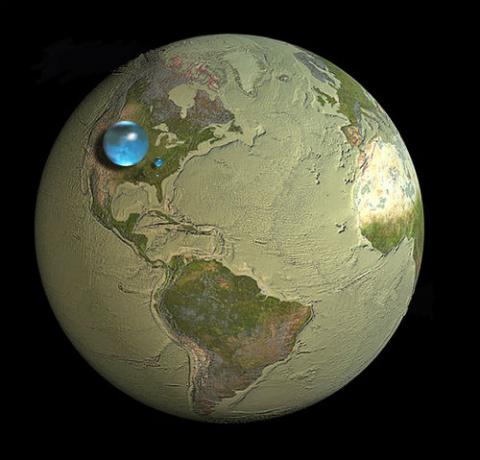 Imagen: El agua de la Tierra representada en pequeñas esferas. Crédito: Jack Cook/WHOI/USGS. 