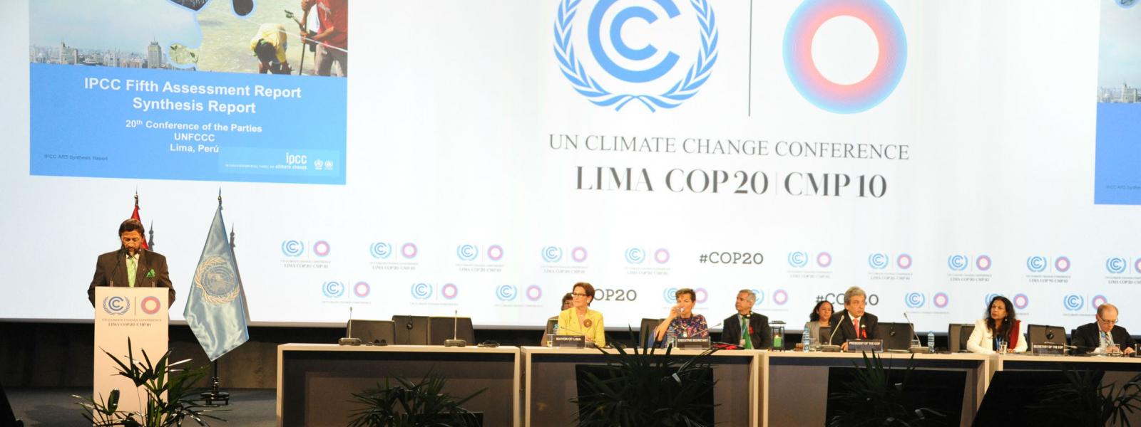 the front table at the UNFCC climate negotiations in Lima, Peru