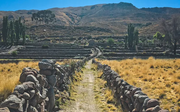 stone wall lines dirt road leading to agricultural terraces