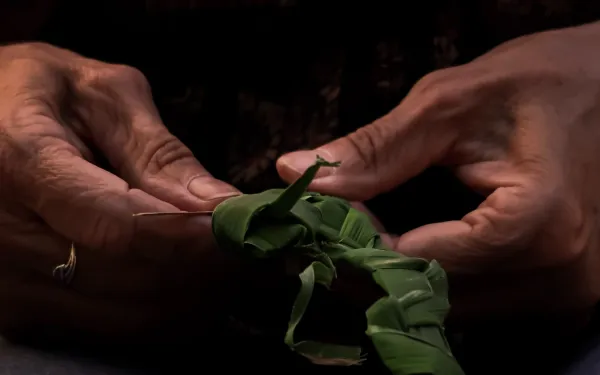 Hands weaving a basket