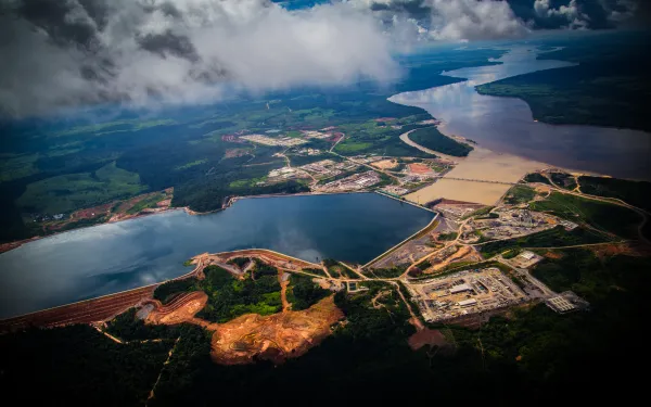 An aerial view of the Amazon jungle surrounding the Belo Monte Dam in Brazil. 