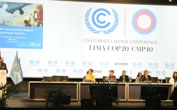 the front table at the UNFCC climate negotiations in Lima, Peru